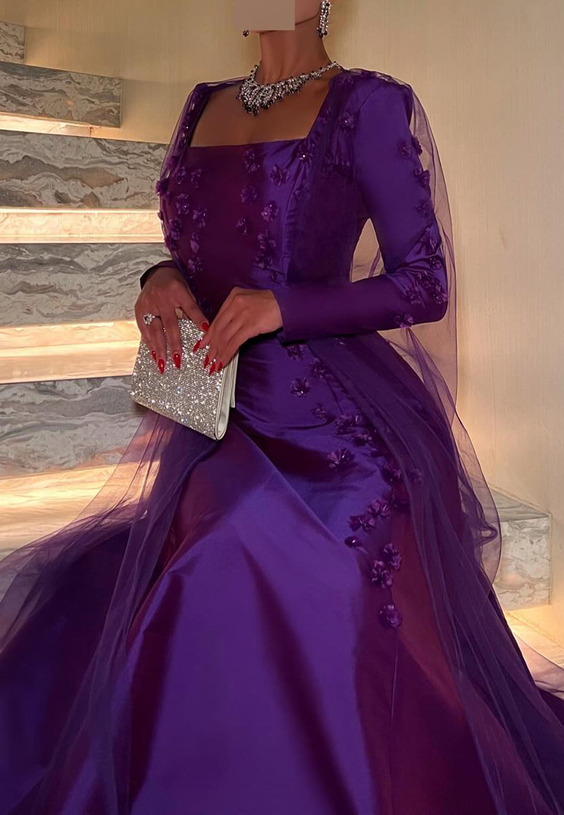 Square Long Sleeves Floral Sleek Mermaid Evening Dress