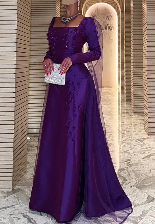 Square Long Sleeves Floral Sleek Mermaid Evening Dress