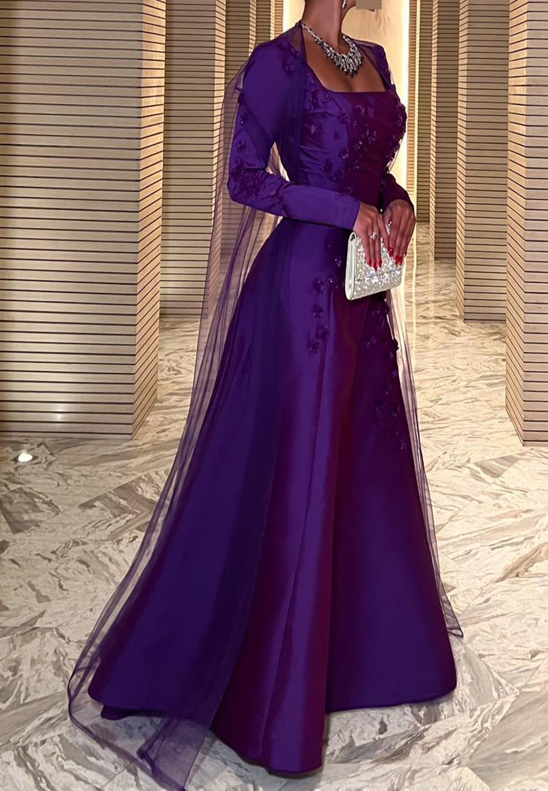 Square Long Sleeves Floral Sleek Mermaid Evening Dress