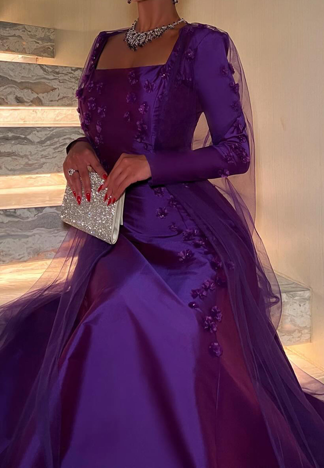Square Long Sleeves Floral Sleek Mermaid Evening Dress