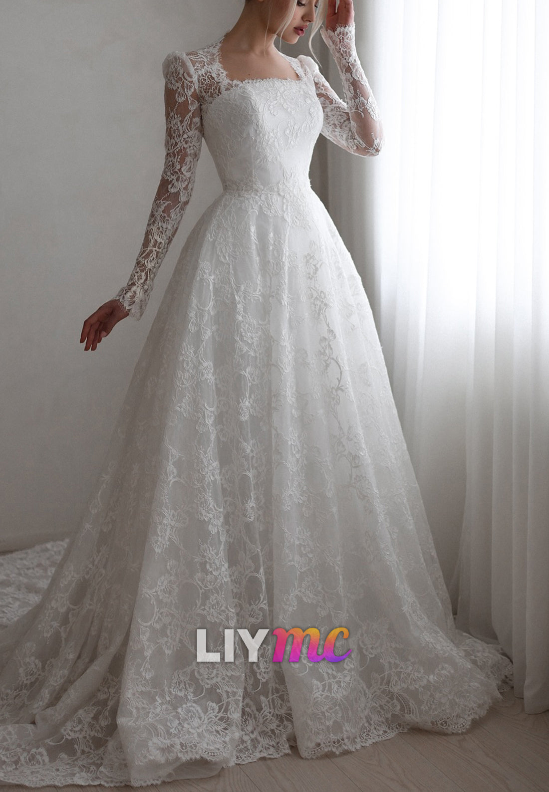 Square Long Sleeves Lace Appliques A-Line Wedding Dress