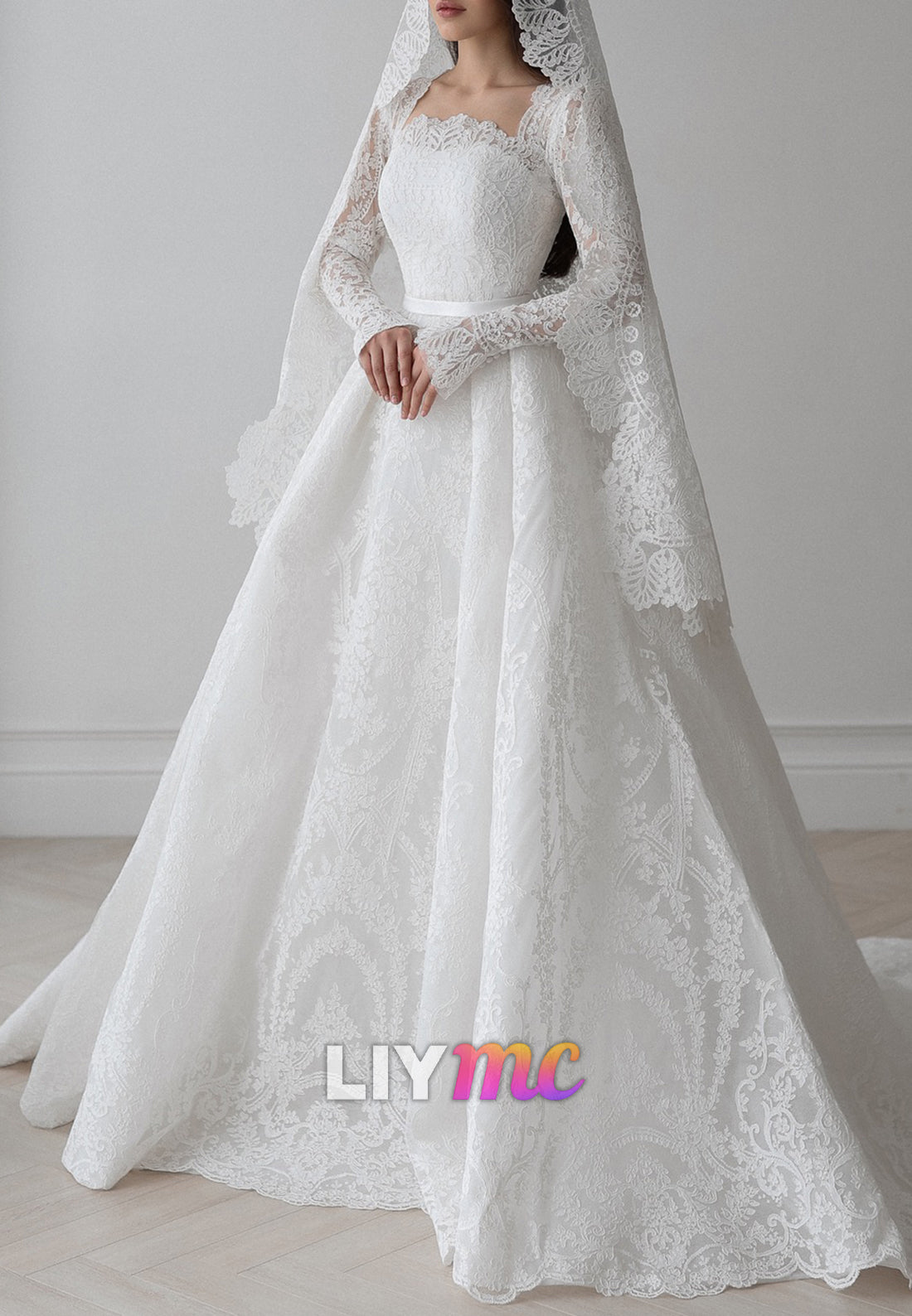 aline long sleeve lace wedding dress Square Long Sleeves Lace Appliques A-Line Wedding Dress – Liymc