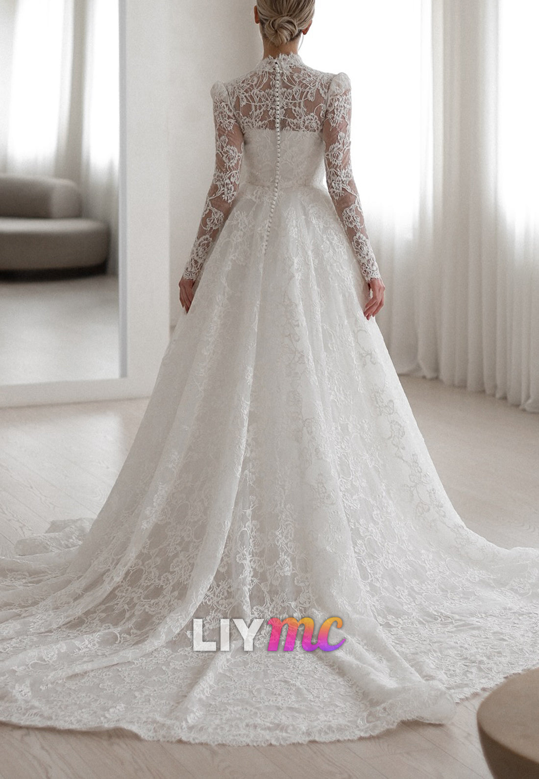 Square Long Sleeves Lace Appliques A-Line Wedding Dress