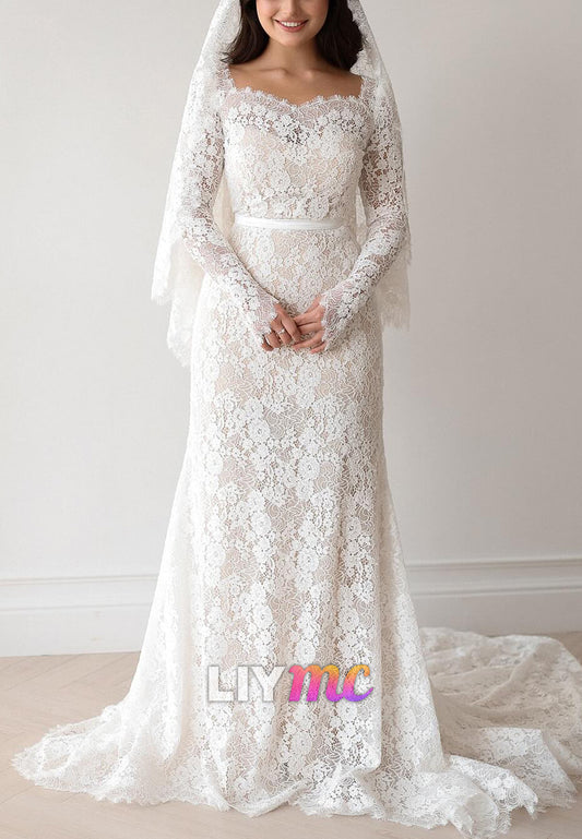 Sweetheart Long Sleeves Lace Appliques Sheath Wedding Dress