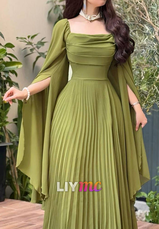 Square Long Sleeves Pleated A-Line Formal Dress