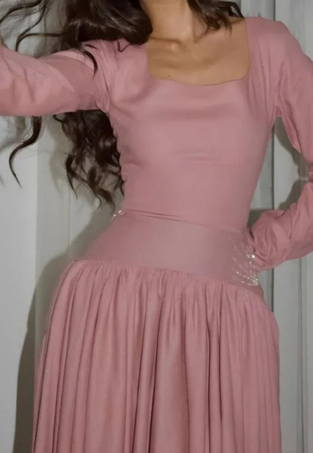 Square Long Sleeves Pleated A-Line Party Dress