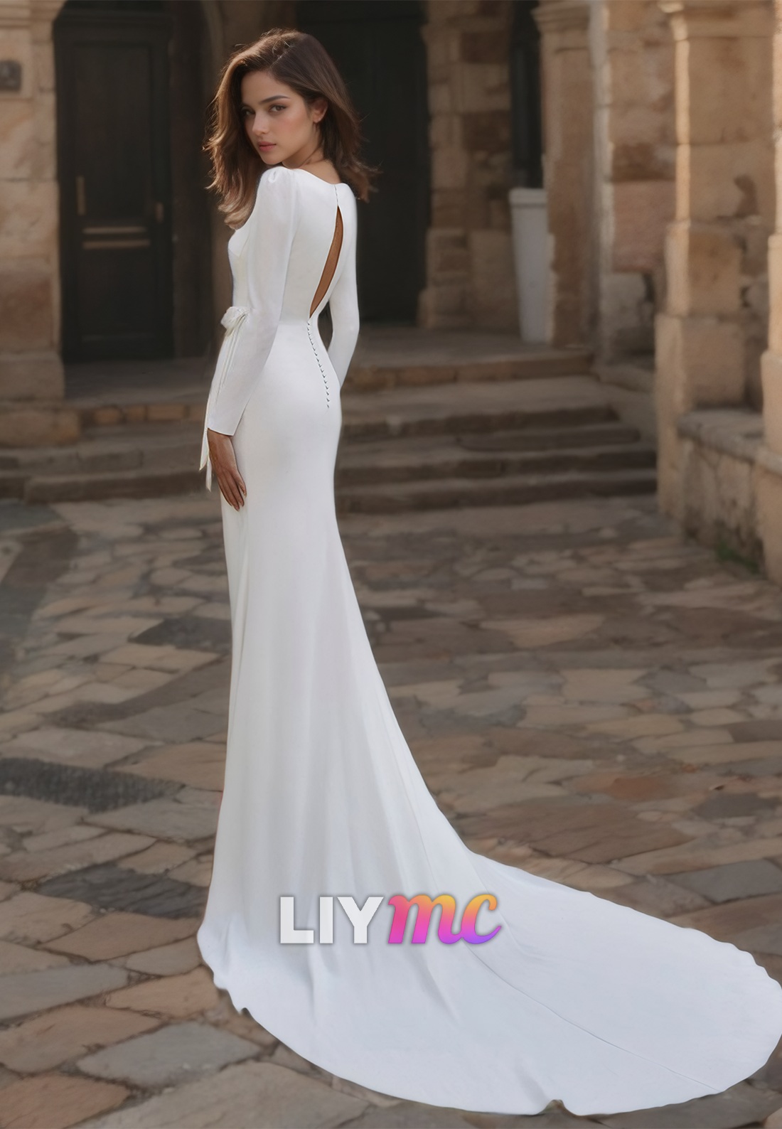 LW490 - Modern Sheath Square Draped Slit Floral Embossed Cut-Outs Long Boho Wedding Dress With Sweep Train