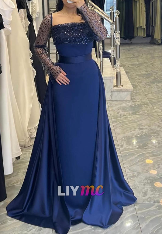 Square Long Sleeves Sleek Mermaid Evening Dress