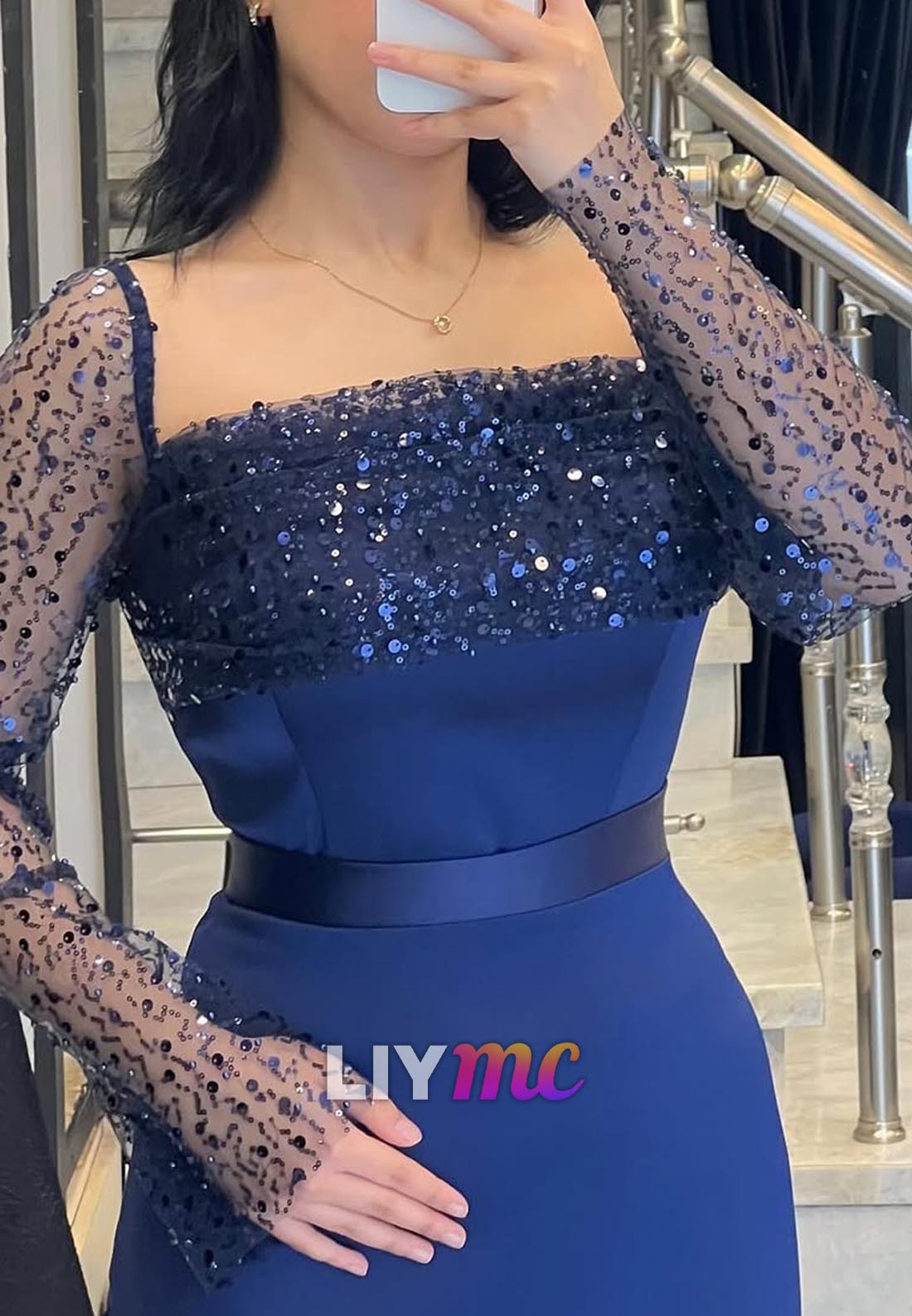Square Long Sleeves Sleek Mermaid Evening Dress