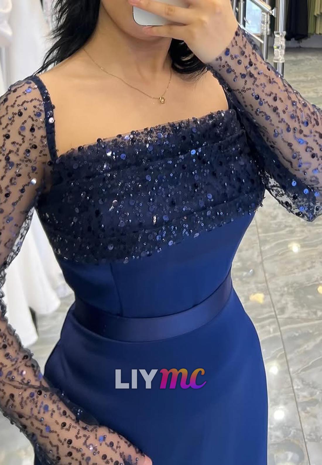 Square Long Sleeves Sleek Mermaid Evening Dress