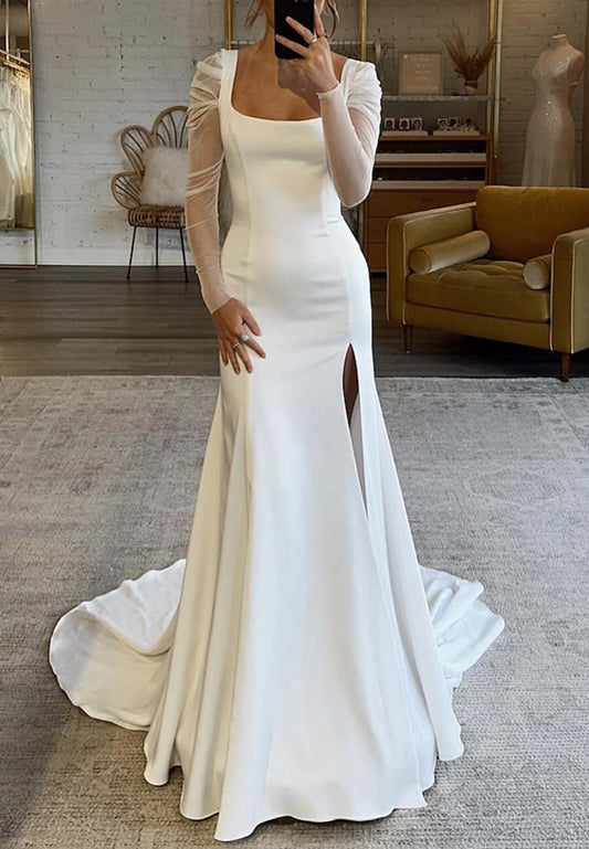 Square Long Sleeves Sleek Mermaid Wedding Dress