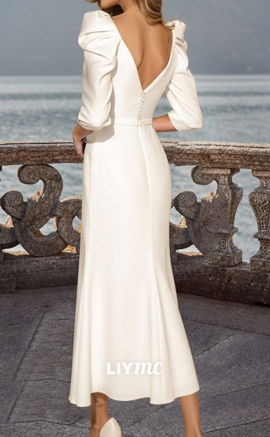 LW690 - Square Long Sleeves Sleek Satin Sheath Beach Wedding Dress