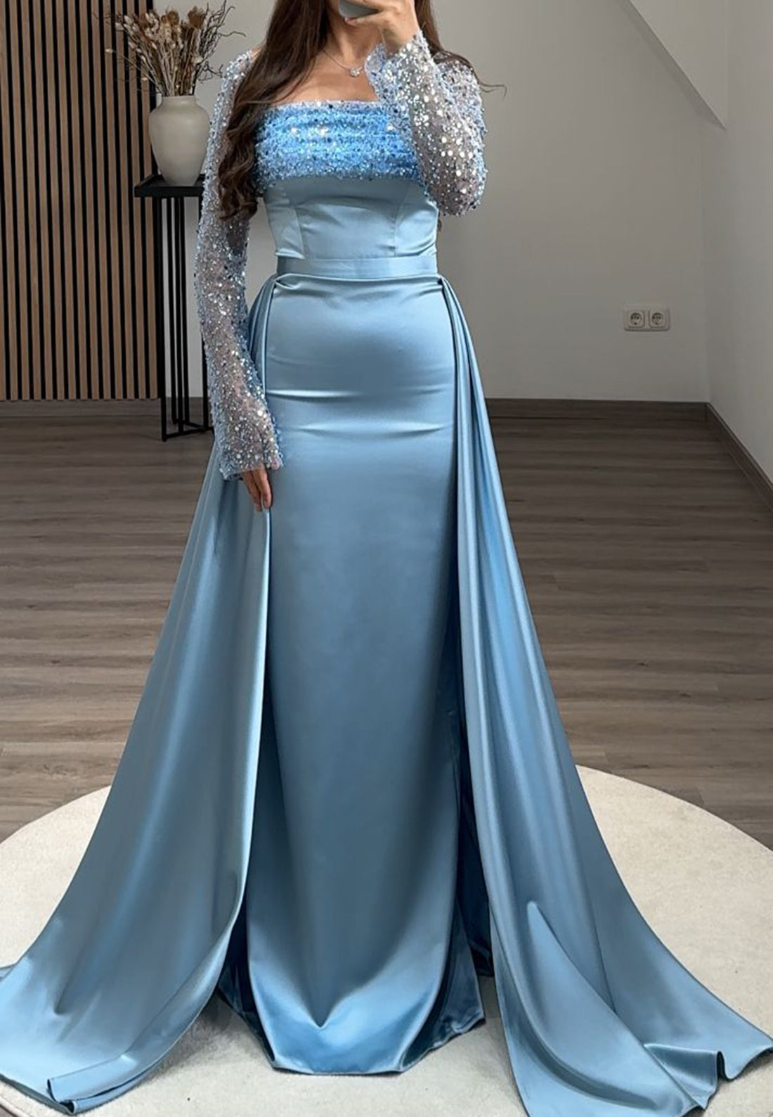 Square Long Sleeves Sleek Sheath Detatchable Train Formal Dress