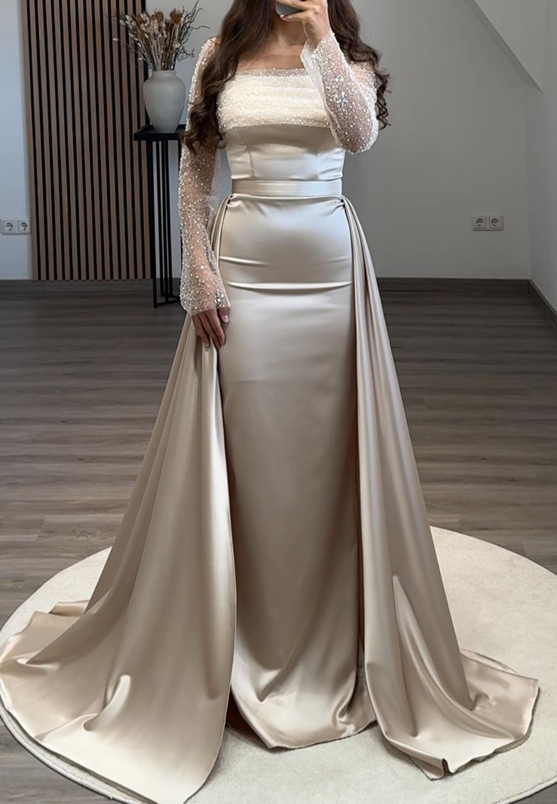 Square Long Sleeves Sleek Sheath Detatchable Train Formal Dress