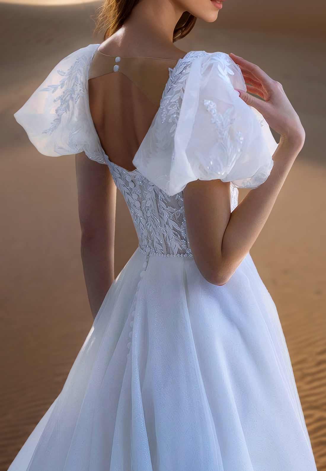 Square Puff SLeeves Appliques Tulle A-Line Wedding Dress