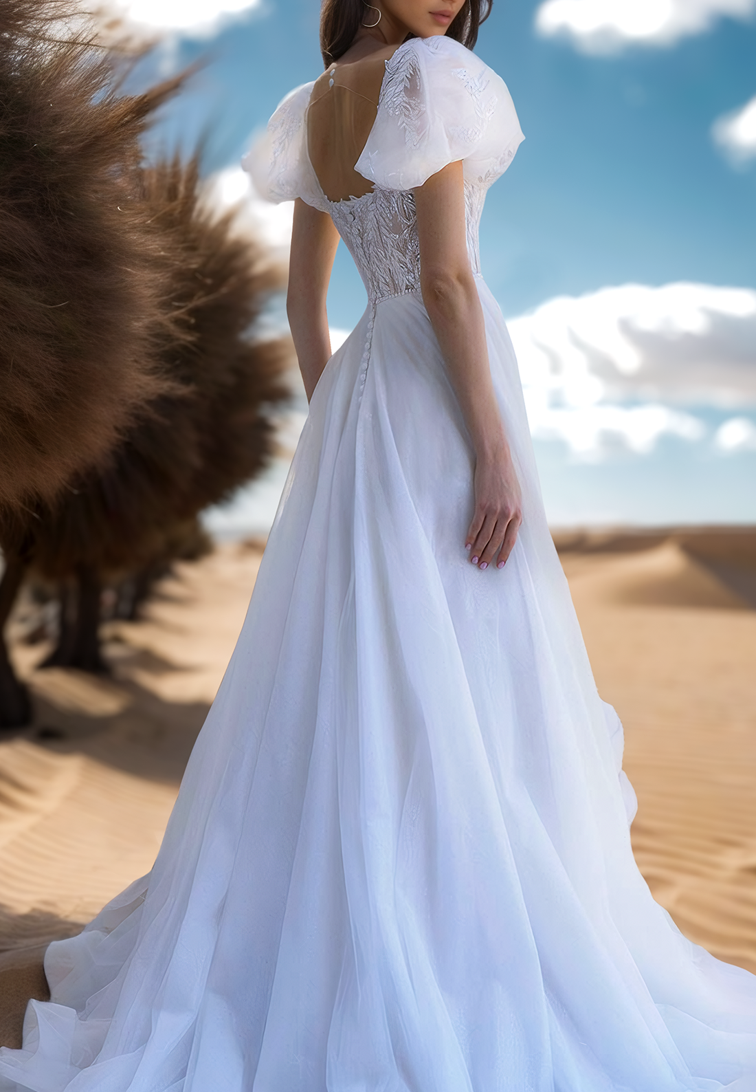 Square Puff SLeeves Appliques Tulle A-Line Wedding Dress