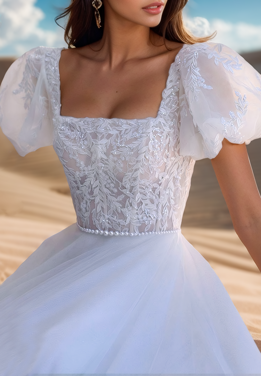 Square Puff SLeeves Appliques Tulle A-Line Wedding Dress