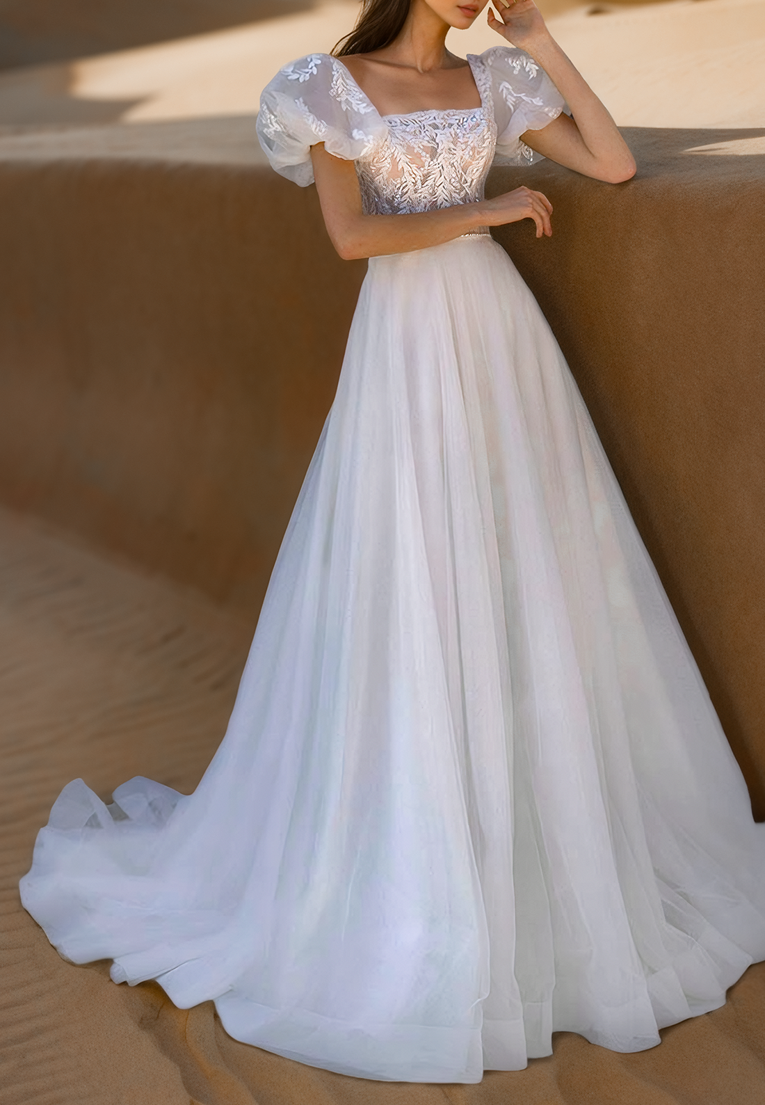 Square Puff SLeeves Appliques Tulle A-Line Wedding Dress