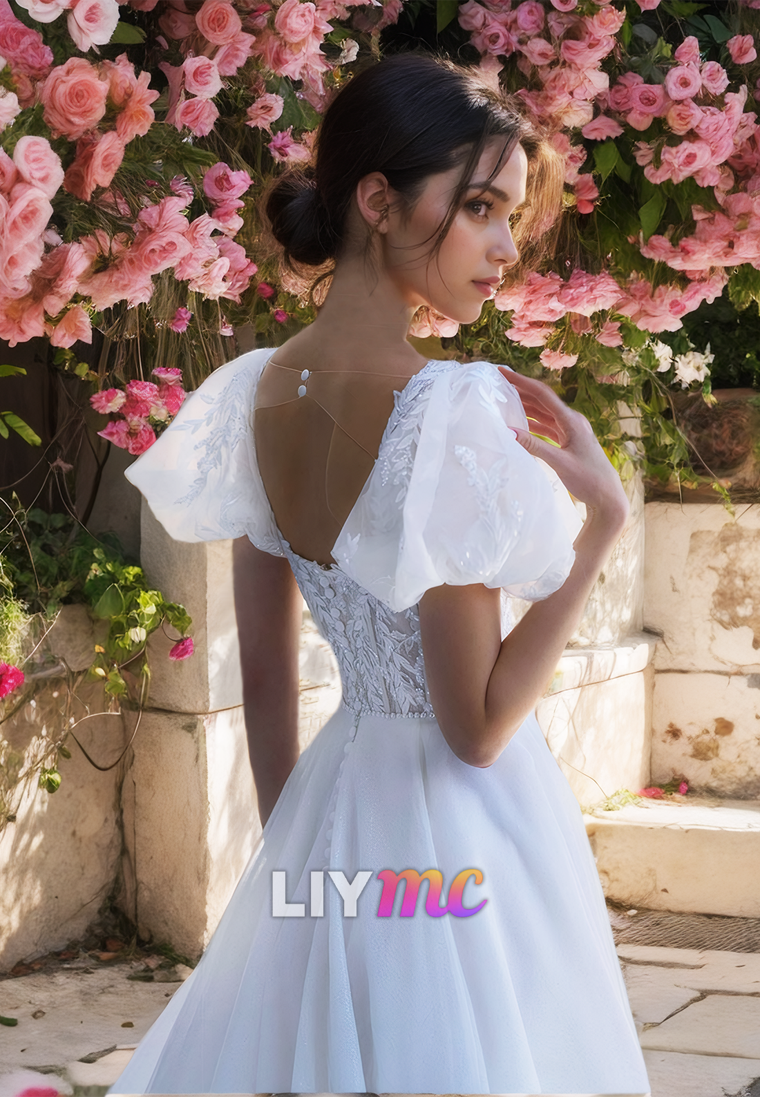 Square Puff Sleeves Appliques Tulle A-Line Beach Wedding Dress