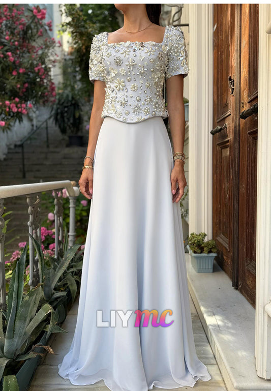Square Short Sleeves Beaded A-Line Evening Dress