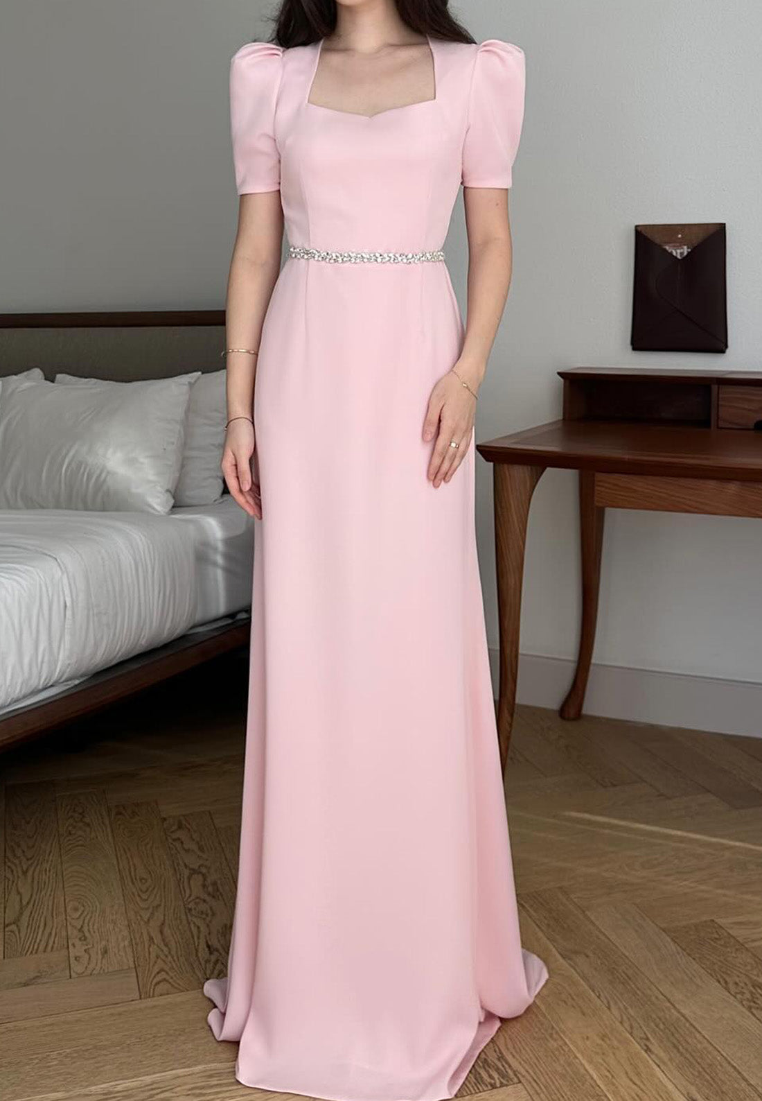 Square Short Sleeves Mother of Bride Dress Sleek Sheath Formal Dress