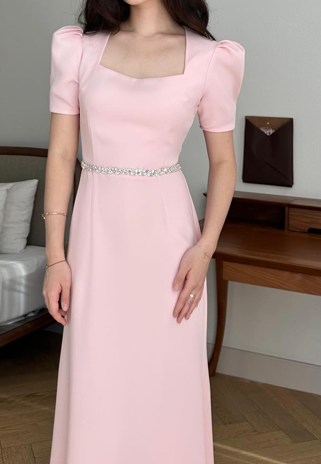 Square Short Sleeves Mother of Bride Dress Sleek Sheath Formal Dress