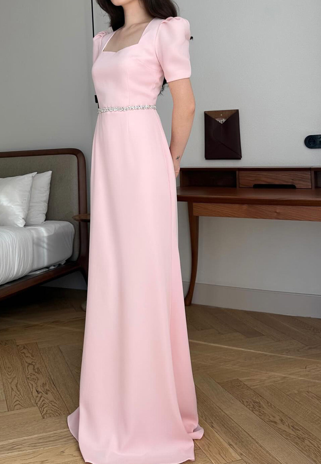 Square Short Sleeves Mother of Bride Dress Sleek Sheath Formal Dress