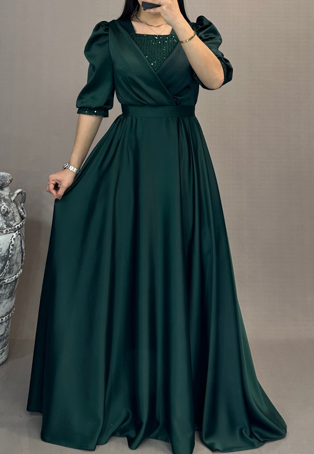 Square Short Sleeves Pleatted A-Line Mother of Bride Dress