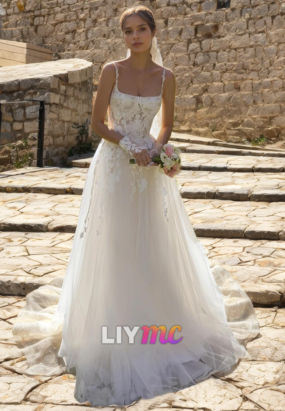 LW095 - A Line Square Neck Floral Lace Pleated Sheer Tulle Long Weddin Liymc LW095 - A Line Square Neck Floral Lace Pleated Sheer Tulle Long Weddin Liymc