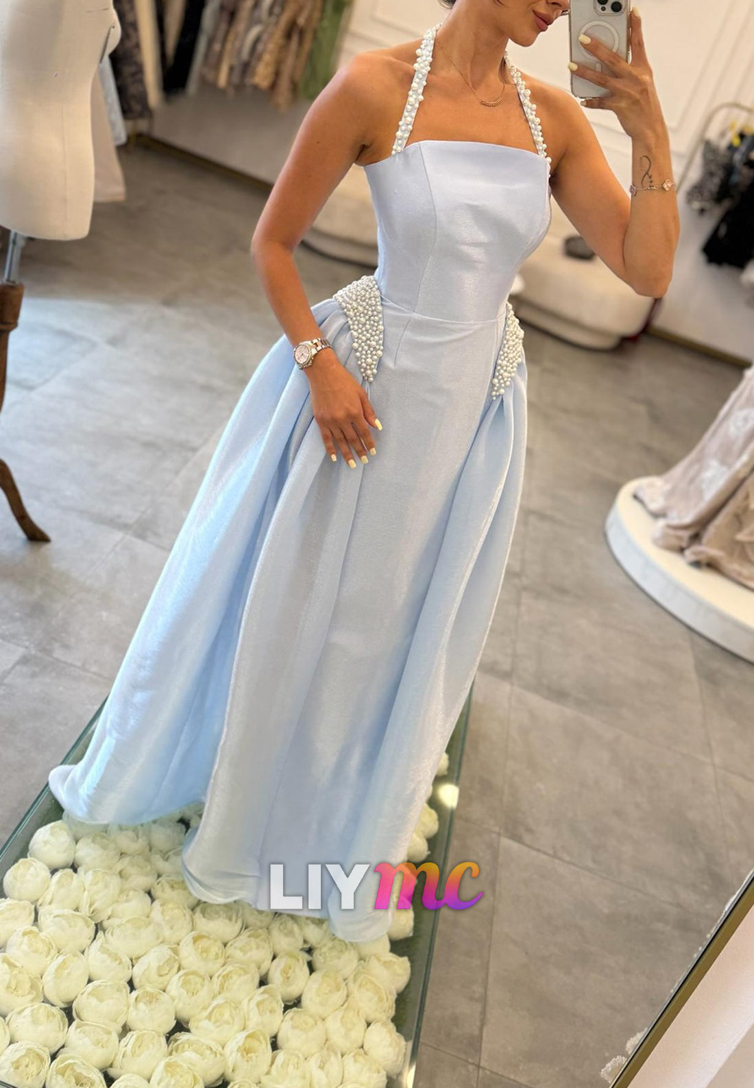 Square Sleeveless Beaded A-Line Satin Evening Dress
