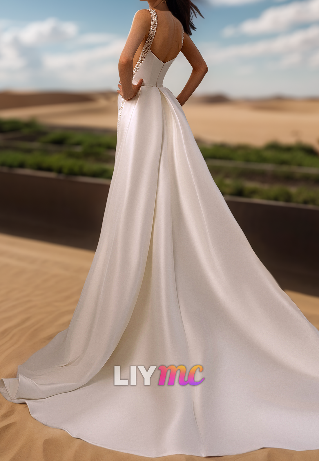 Square Sleeveless Beaded Pleated Satin Sheath Wedding Dress