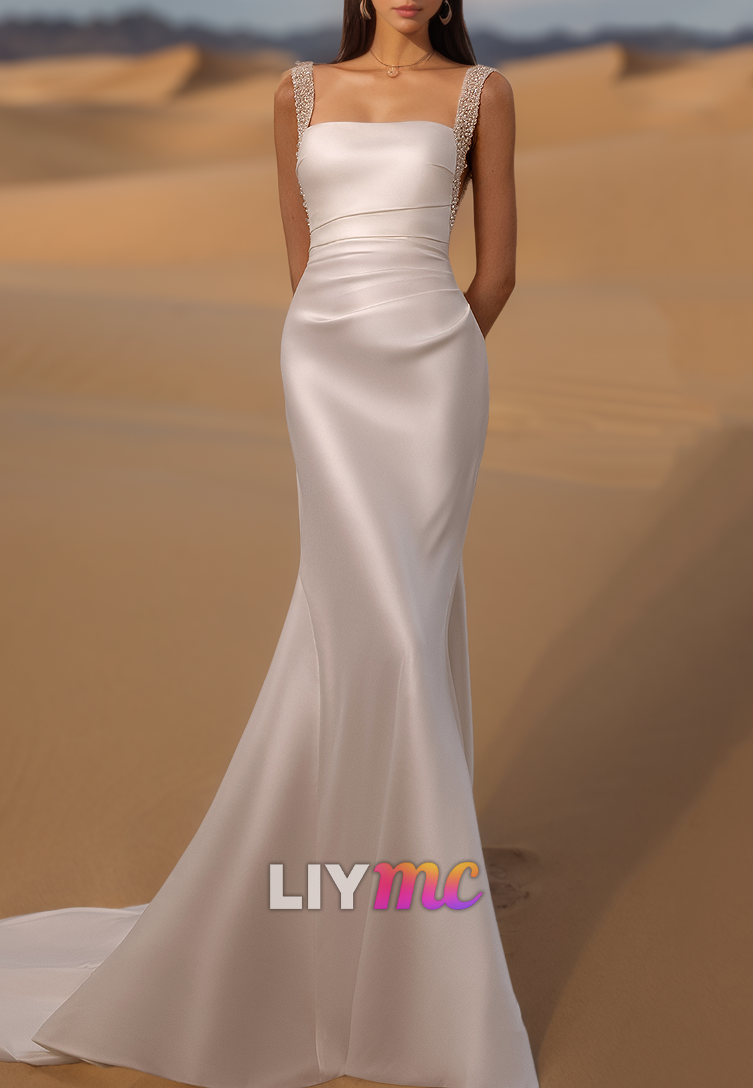 Square Sleeveless Beaded Pleated Satin Sheath Wedding Dress