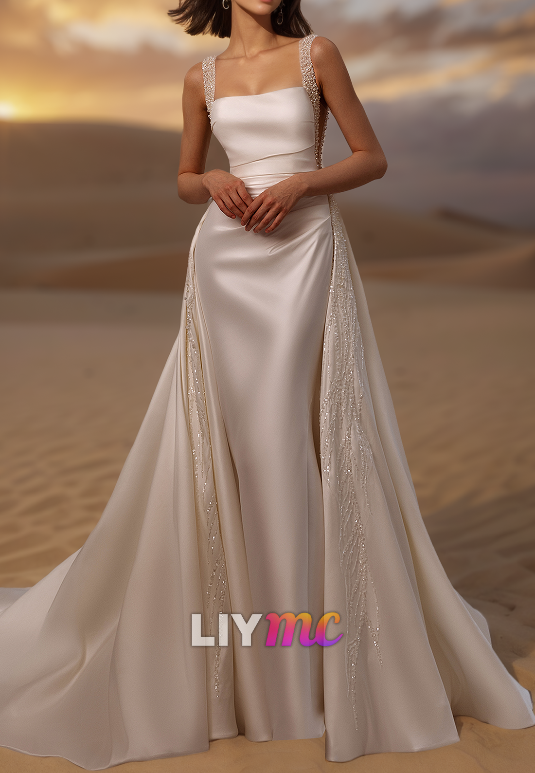 Square Sleeveless Beaded Pleated Satin Sheath Wedding Dress