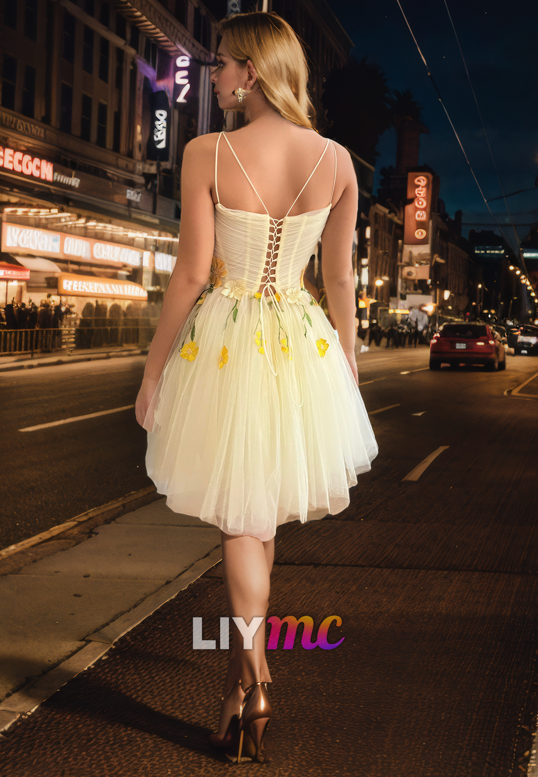 Square Sleeveless Floral Embellished Tulle A-Line Homecoming Dress