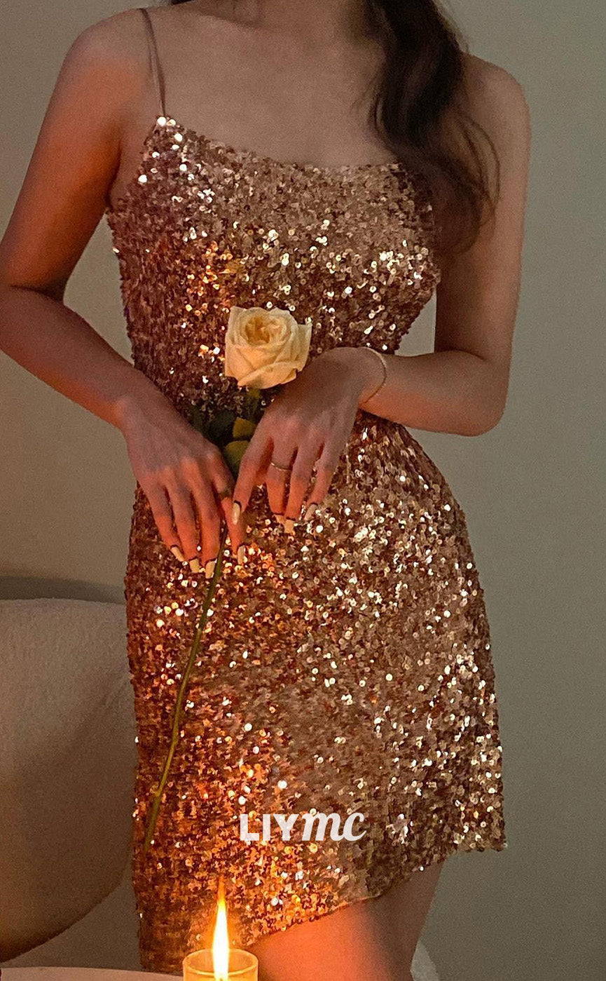 LY289 - Square Sleeveless Sequins Sparkly Sheath Short Homecoming Dress
