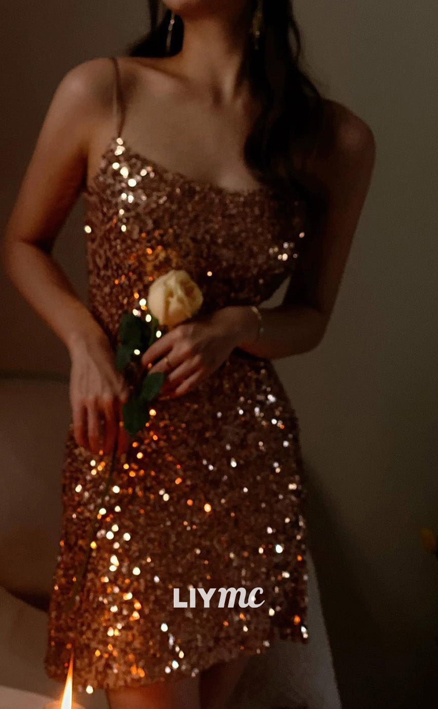 LY289 - Square Sleeveless Sequins Sparkly Sheath Short Homecoming Dress