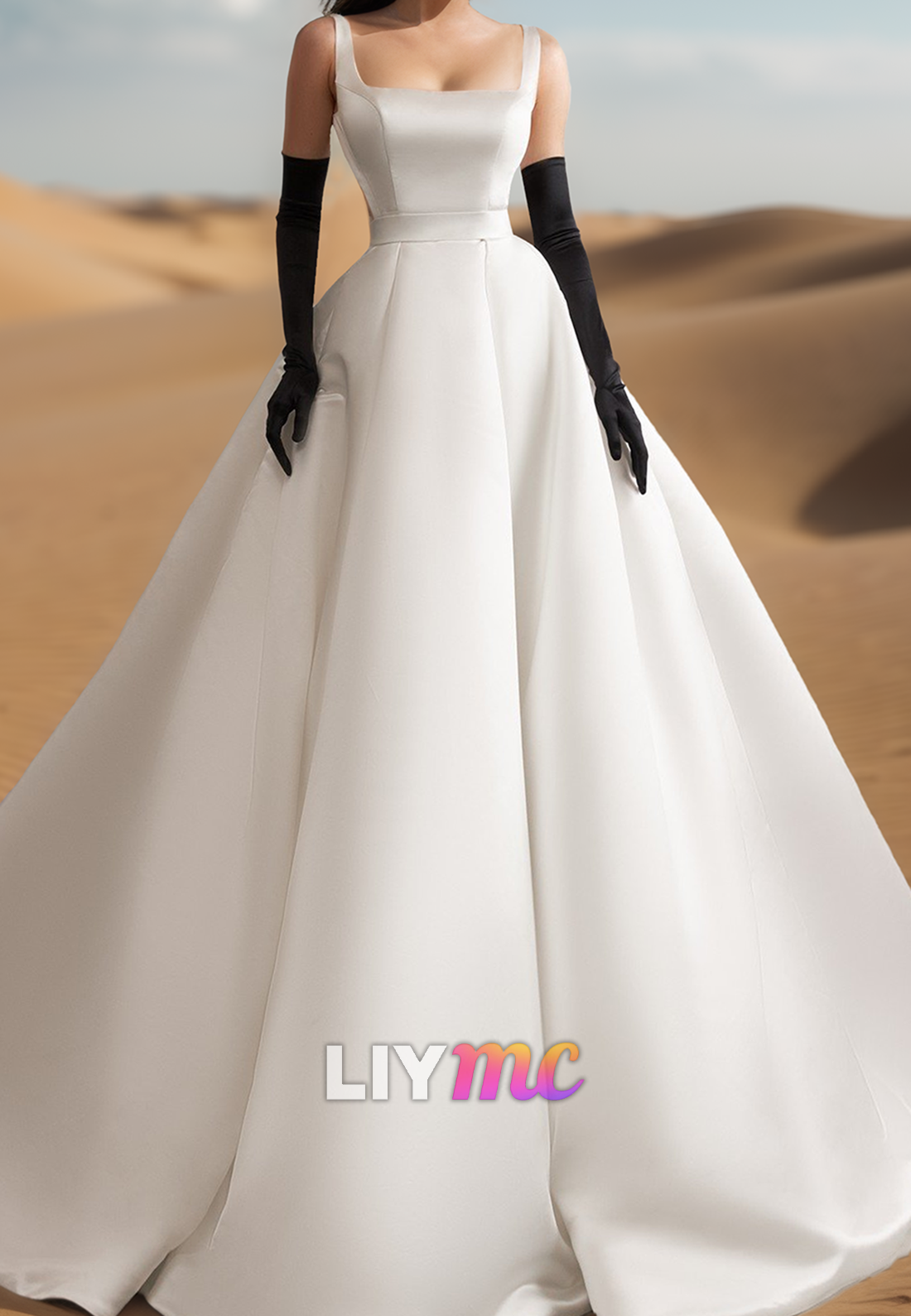 Square Sleeveless Sleek Satin A-Line Simple Classic Wedding Dress