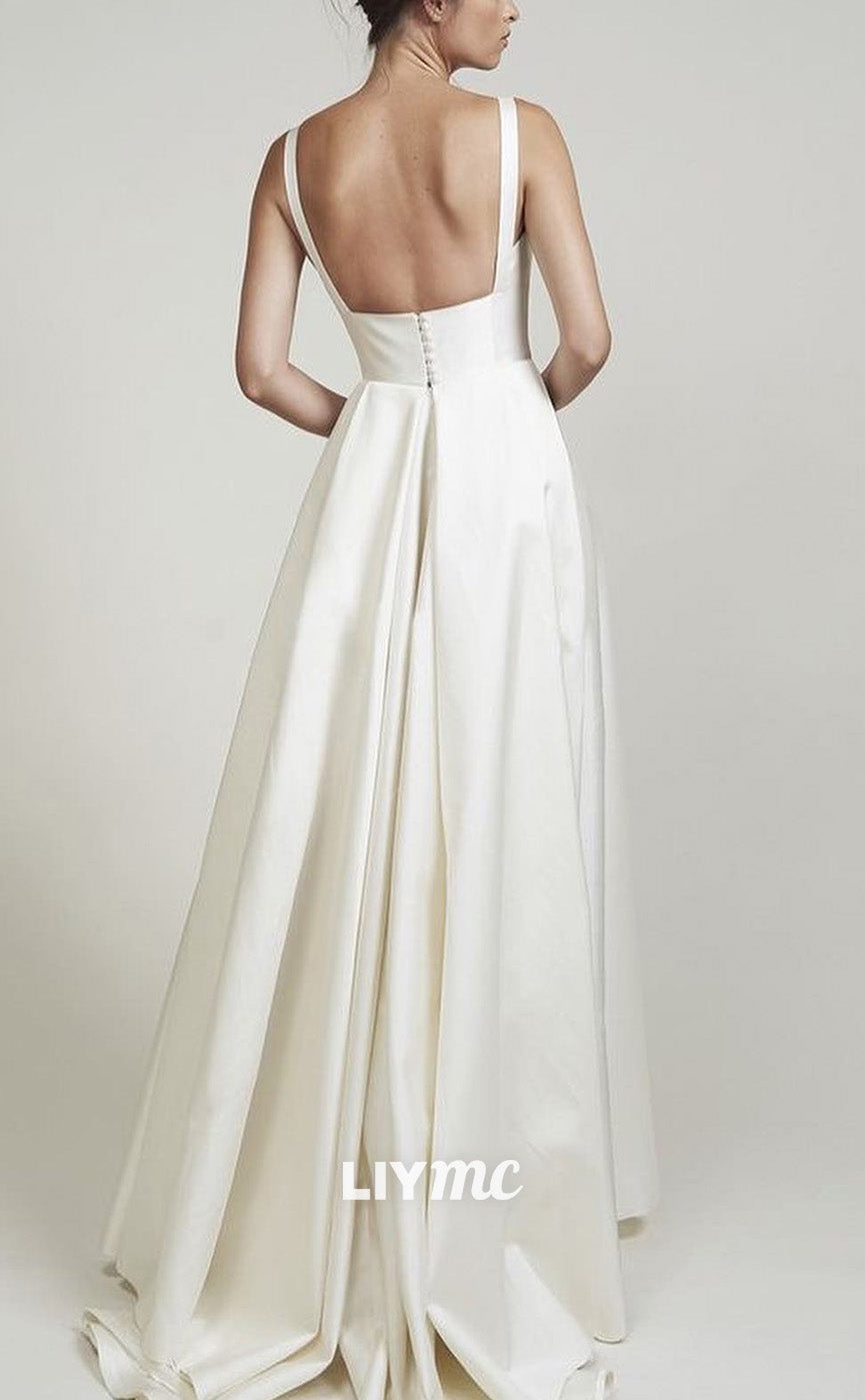 LW942 - Square Sleeveless Sleek Satin Pleated A-Line Beach Wedding Dress
