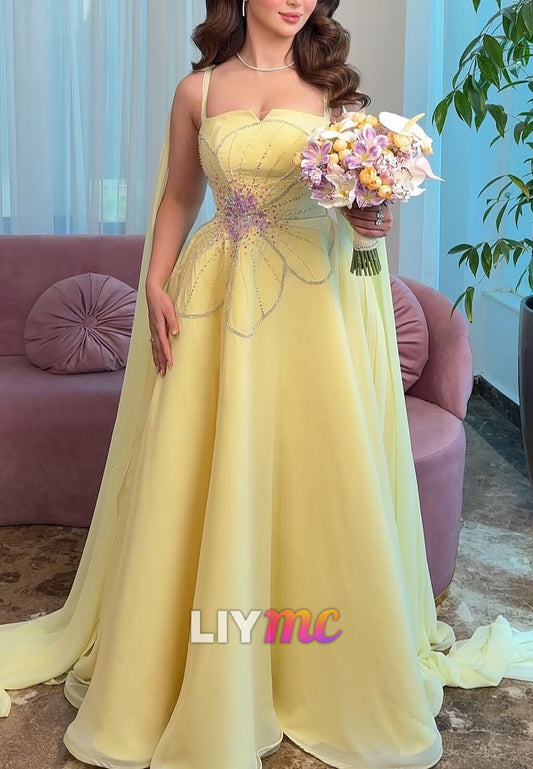 Square Spaghetti Straps Beaded A-Line Evening Dress