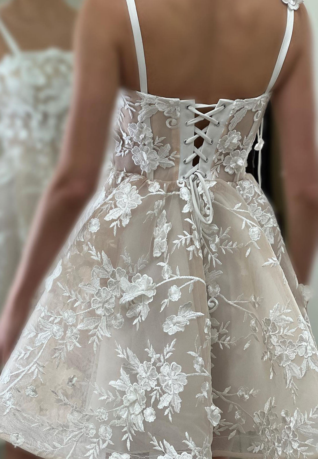 Square Spaghetti Straps Floral Appliques Short A-Line Party Dress