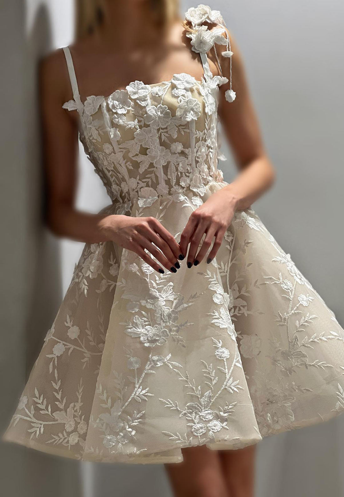 Square Spaghetti Straps Floral Appliques Short A-Line Party Dress