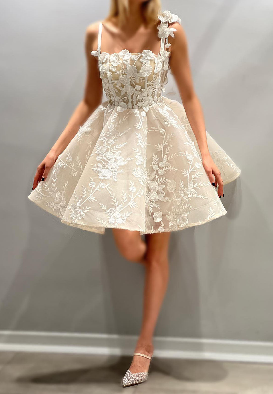 Square Spaghetti Straps Floral Appliques Short A-Line Party Dress