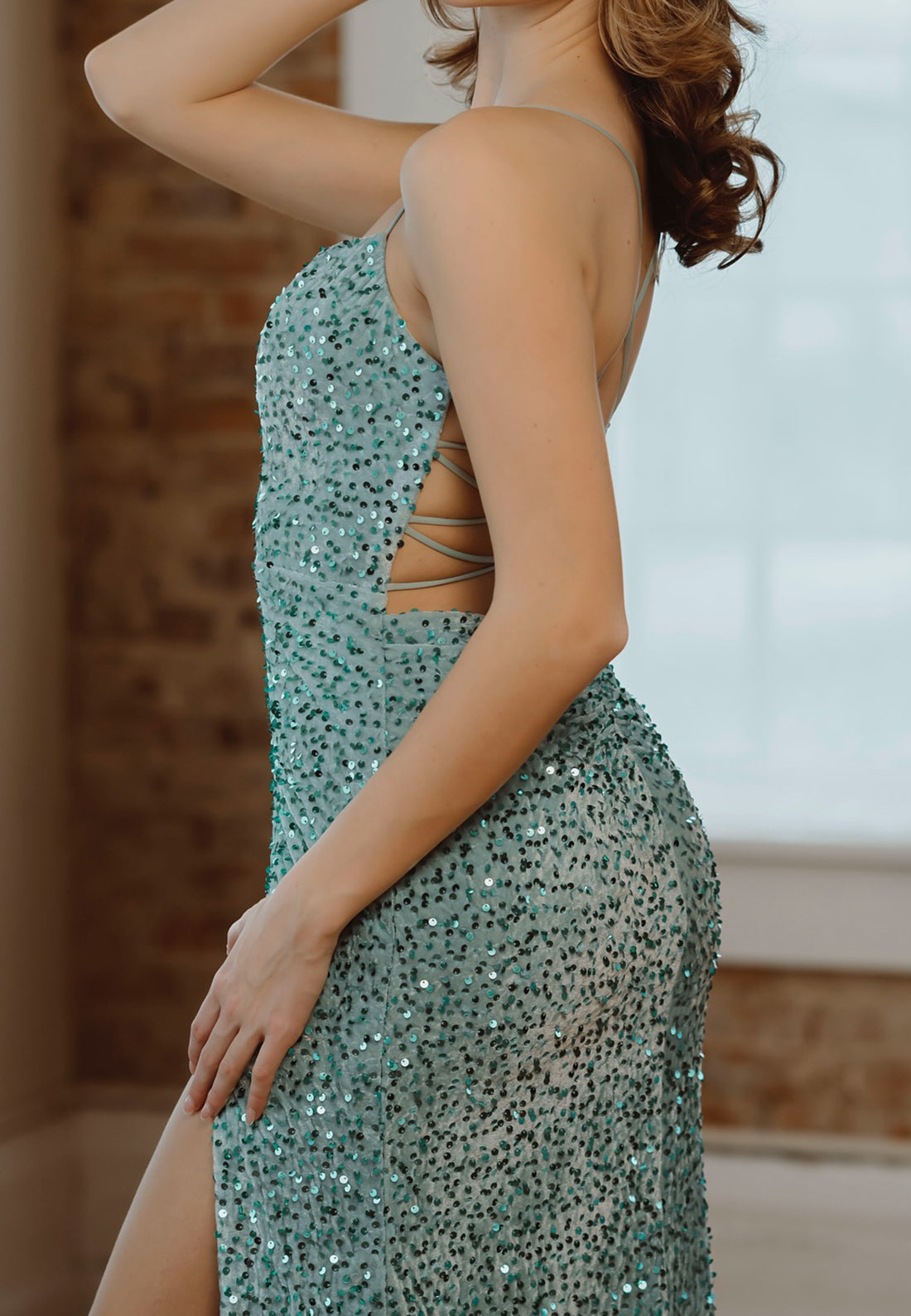 Square Spaghetti Straps Sequins Side Slit Sheath Prom Dress