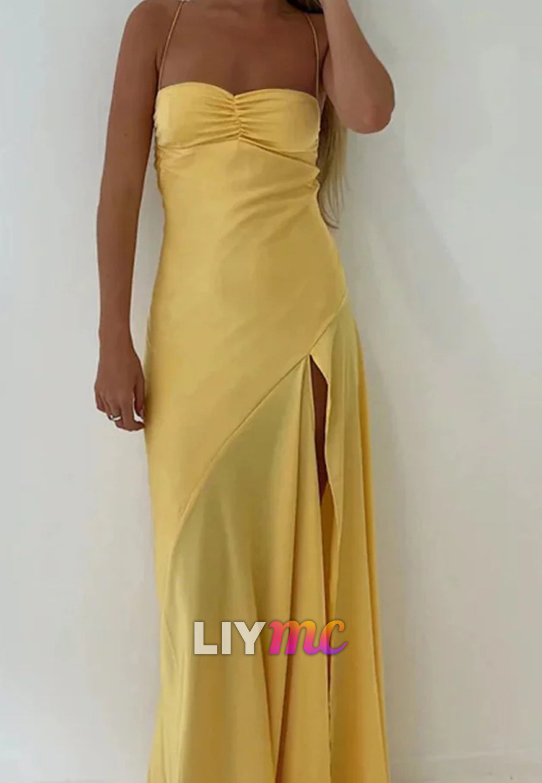 Square Spaghetti Straps Sleek Silk Side Slit Party Dress Sheath Casual Dress