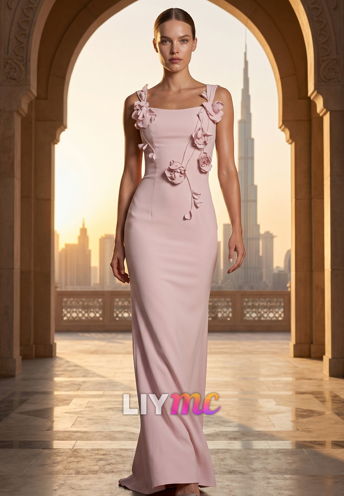 Square Straps Appliques Mermaid Evening Dress