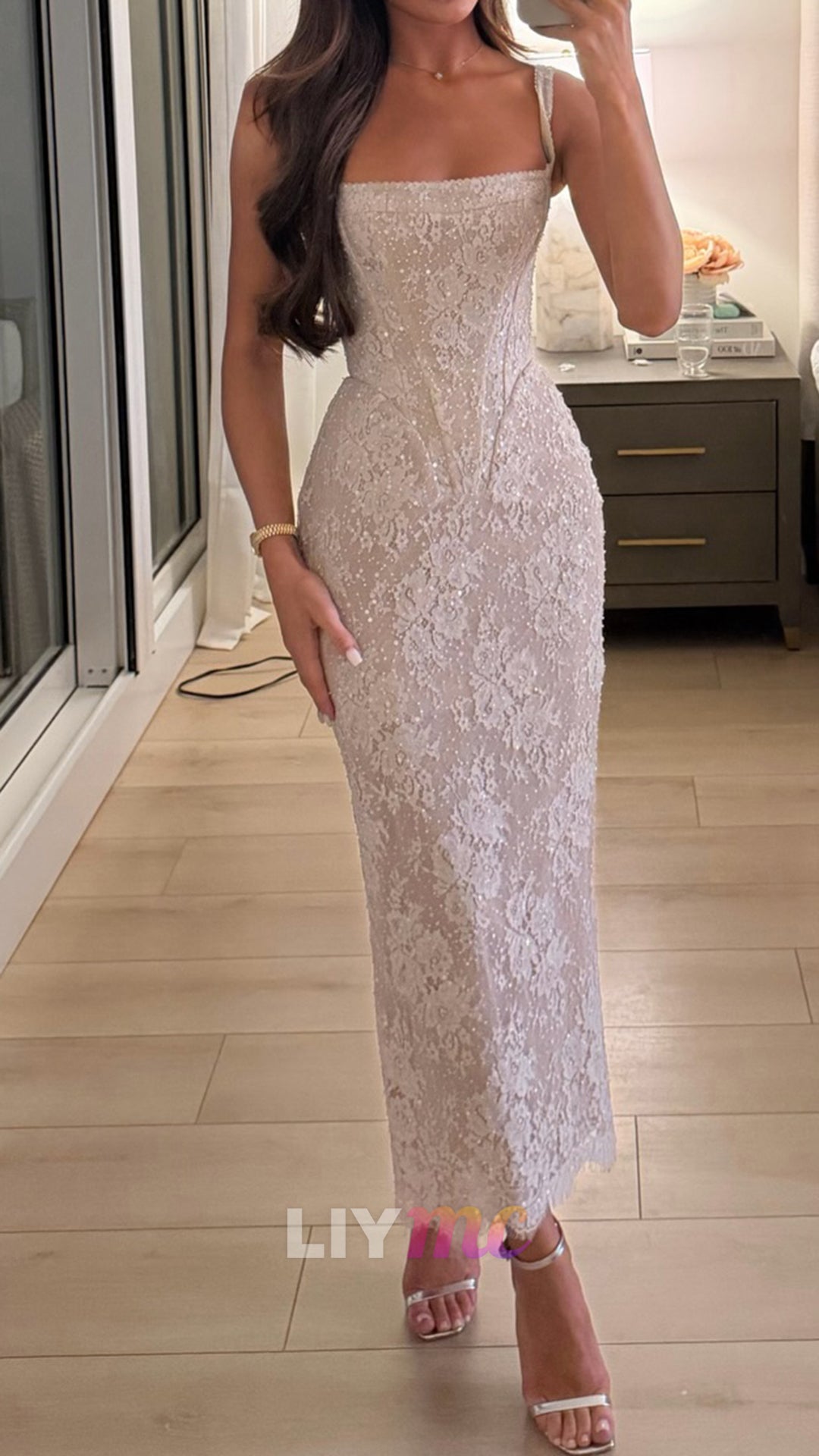 Square Straps Appliques Mermaid Midi Wedding Dress