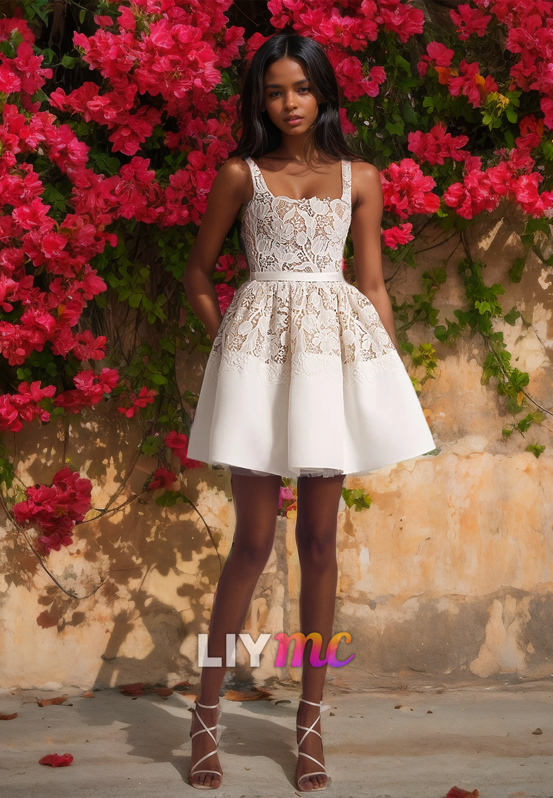 Square Straps Appliques Pleated Satin A-Line Short Beach Wedding Dress – Liymc Square Straps Appliques Pleated Satin A-Line Short Beach Wedding Dress – Liymc