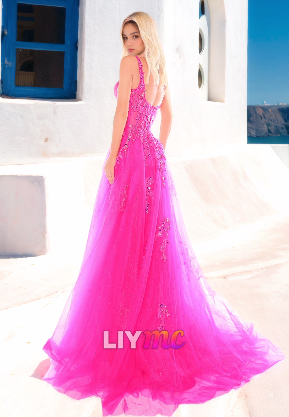Square Straps Appliques Side Slit Ball Gown A-Line Prom Dress