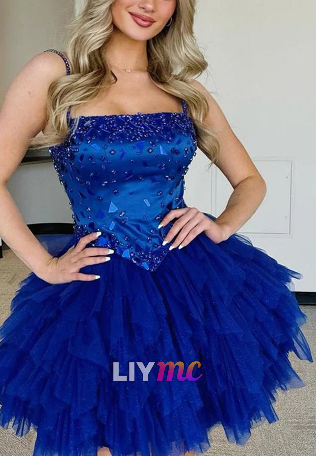 Square Straps Beaded A-Line Short Party Homecoming Dress