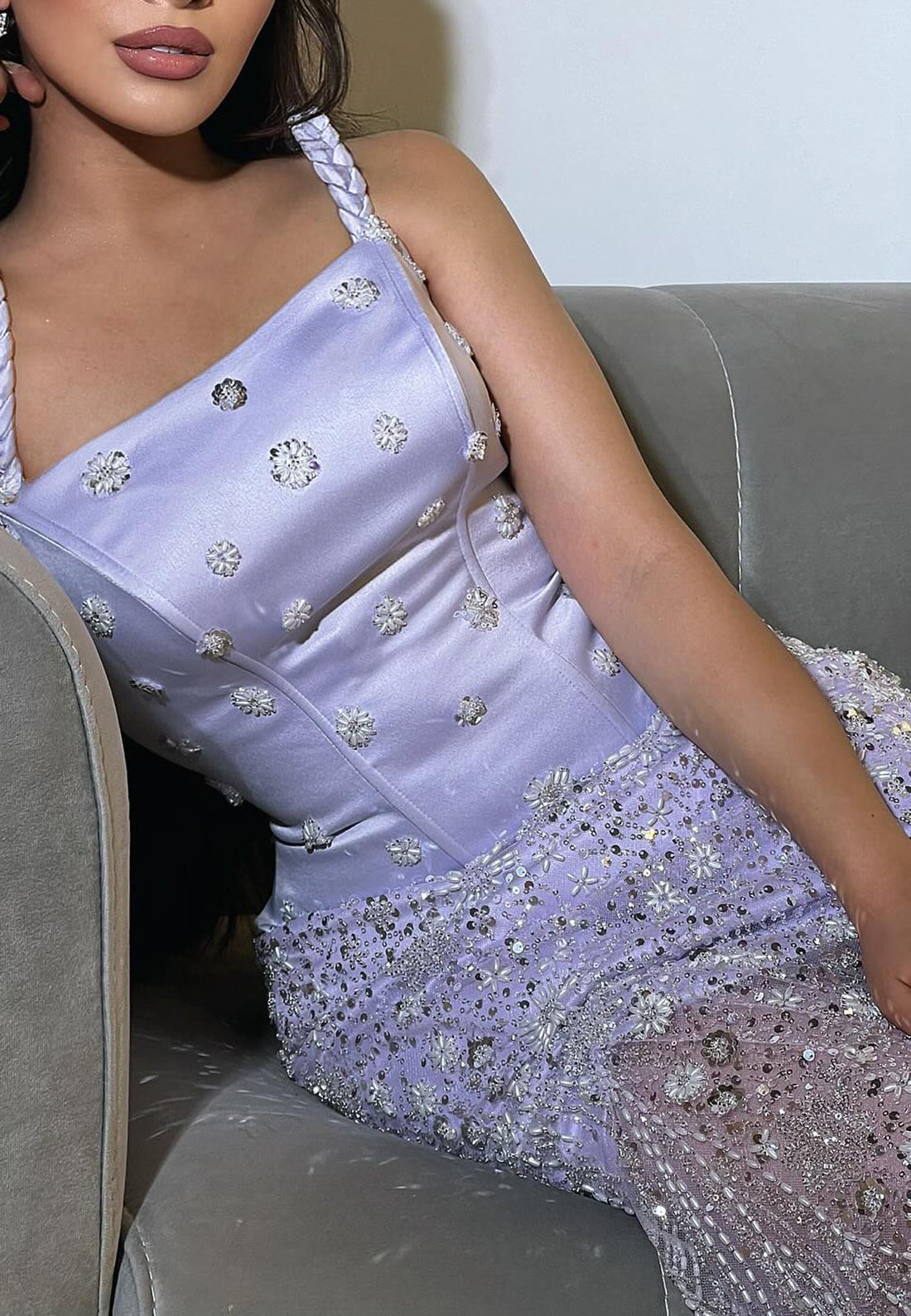 Square Straps Beaded Emboridery Pleated Sheath Prom Dress